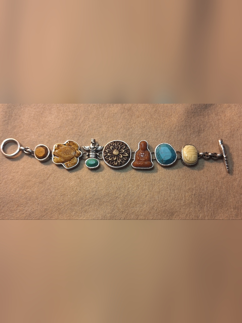 Artisan Multi-Stone Charm Bracelet - Chunky Scarabs, Toggle Clasp. Silvertone 8"